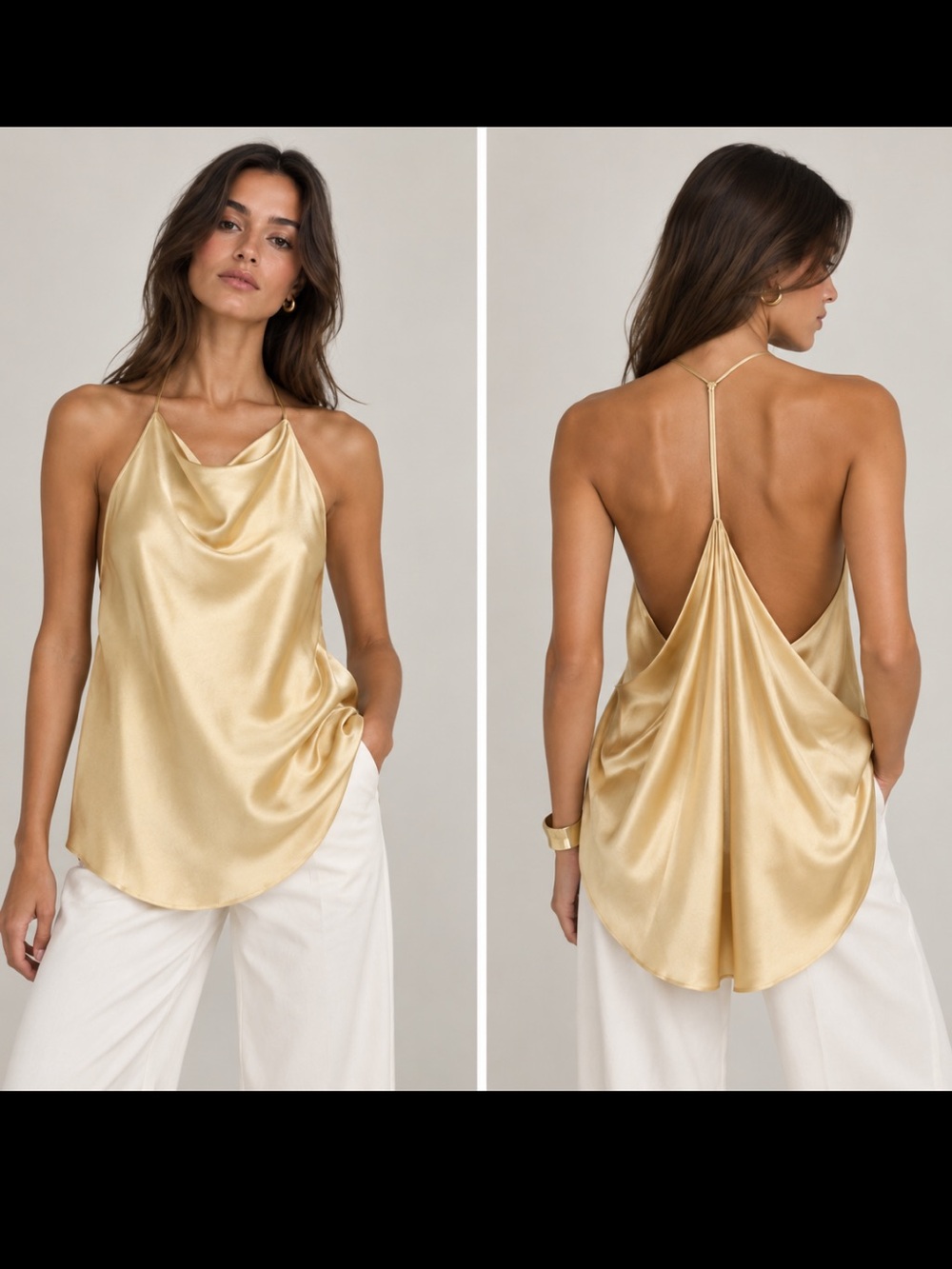Zara Satin Halter Drape Top Gold Champagne Open Back NWT XS
